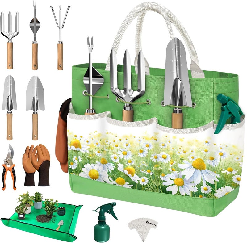 OUREST 22Pcs Garden Tools Set for Women,Heavy Duty Hand Tool Kit with Large Tote Bag/Repotting Mat/Trowel/Rake/Pruner/Gloves/Plant Tags,Gardening Gifts for Mom Gardener Beginner-Green - Image 1